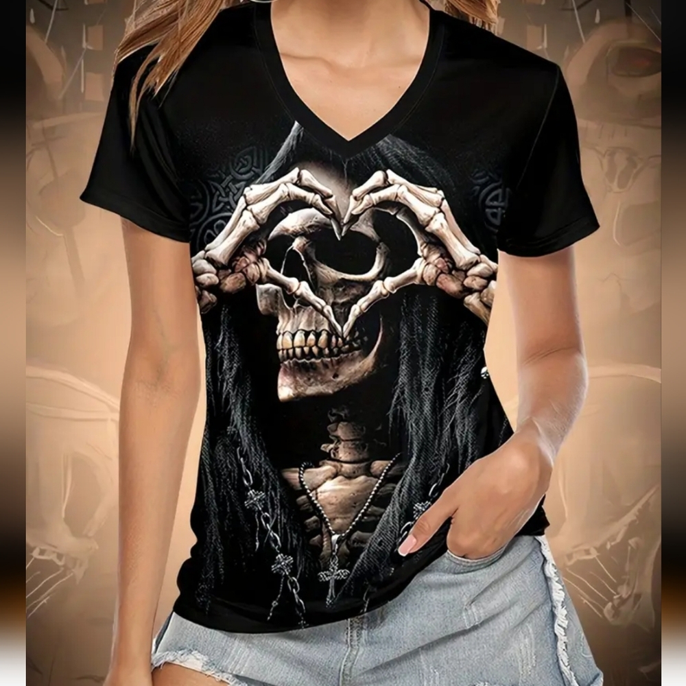 Black Skull Graphic V-Neck Women's Top - Picture 1 of 4